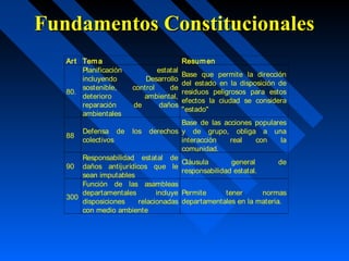 FFuunnddaammeennttooss CCoonnssttiittuucciioonnaalleess 
Art Tema Resumen 
80. 
Planificación estatal 
incluyendo Desarrollo 
sostenible, control de 
deterioro ambiental, 
reparación de daños 
ambientales 
Base que permite la dirección 
del estado en la disposición de 
residuos peligrosos para estos 
efectos la ciudad se considera 
"estado" 
88 Defensa de los derechos 
colectivos 
Base de las acciones populares 
y de grupo, obliga a una 
interacción real con la 
comunidad. 
90 
Responsabilidad estatal de 
daños antijurídicos que le 
sean imputables 
Cláusula general de 
responsabilidad estatal. 
300 
Función de las asambleas 
departamentales incluye 
disposiciones relacionadas 
con medio ambiente 
Permite tener normas 
departamentales en la materia. 
 