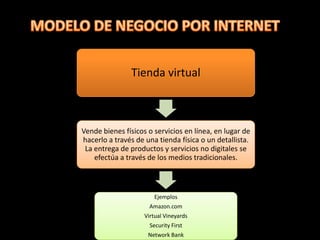 Tienda virtual



Vende bienes físicos o servicios en línea, en lugar de
hacerlo a través de una tienda física o un detallista.
 La entrega de productos y servicios no digitales se
    efectúa a través de los medios tradicionales.



                        Ejemplos
                      Amazon.com
                    Virtual Vineyards
                      Security First
                     Network Bank
 