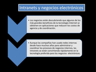 Intranets y negocios electrónicos

    • Los negocios están descubriendo que algunos de los
      más grandes beneficios de la tecnología Internet se
      obtienen en aplicaciones que reducen los costos de
      agencia y de coordinación.




    • Aunque las compañías han usado redes internas
      desde hace muchos años para administrar y
      coordinar los procesos de negocios internos, las
      intranets se están convirtiendo rápidamente en la
      tecnología preferida para los negocios electrónicos.
 