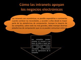 Las intranets son económicas; es posible expandirlas o contraerlas
cuando cambian las necesidades, y acceder a ellas desde la mayor
parle de las plataformas de computación. Aunque la mayoría de
las compañías, sobre todo las más grandes, debe manejar diversas
plataformas de computación que no se pueden comunicar entre sí




                       Las    compañías     pueden
                       conectar su intranet a sus
                       bases de datos al igual que
                       con la Web, lo que permite a
                       los    empleados     realizar
                       actividades fundamentales
                       para las operaciones de la
                       compañía.
 