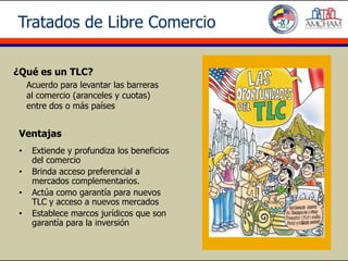 Tratados de Libre Comercio

¿Qué es un TLC?
     Acuerdo para levantar las barreras
     al comercio (aranceles y cuotas)
     entre dos o más países


 Ventajas
 •    Extiende y profundiza los beneficios
      del comercio
 •    Brinda acceso preferencial a
      mercados complementarios.
 •    Actúa como garantía para nuevos
      TLC y acceso a nuevos mercados
 •    Establece marcos jurídicos que son
      garantía para la inversión
 