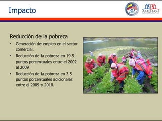 Impacto


Reducción de la pobreza
•   Generación de empleo en el sector
    comercial.
•   Reducción de la pobreza en 19.5
    puntos porcentuales entre el 2002
    al 2009
•   Reducción de la pobreza en 3.5
    puntos porcentuales adicionales
    entre el 2009 y 2010.
 