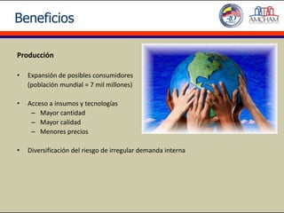 Beneficios

Producción

•   Expansión de posibles consumidores
    (población mundial = 7 mil millones)

•   Acceso a insumos y tecnologías
     – Mayor cantidad
     – Mayor calidad
     – Menores precios

•   Diversificación del riesgo de irregular demanda interna
 