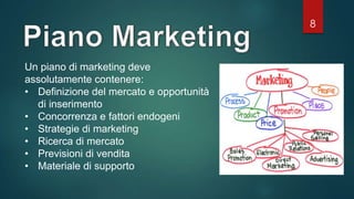 8
Un piano di marketing deve
assolutamente contenere:
• Definizione del mercato e opportunità
di inserimento
• Concorrenza e fattori endogeni
• Strategie di marketing
• Ricerca di mercato
• Previsioni di vendita
• Materiale di supporto
 