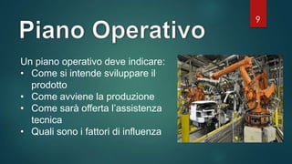 9
Un piano operativo deve indicare:
• Come si intende sviluppare il
prodotto
• Come avviene la produzione
• Come sarà offerta l’assistenza
tecnica
• Quali sono i fattori di influenza
 