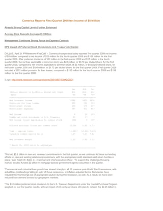 Comerica Reports First Quarter 2009 Net Income of $9 Million

Already Strong Capital Levels Further Enhanced

Average Core Deposits Increased $1 Billion

Management Continues Strong Focus on Expense Controls

EPS Impact of Preferred Stock Dividends to U.S. Treasury (22 Cents)

DALLAS, April 21 /PRNewswire-FirstCall/ -- Comerica Incorporated today reported first quarter 2009 net income
of $9 million, compared to net income of $20 million for the fourth quarter 2008 and $109 million for the first
quarter 2008. After preferred dividends of $33 million in the first quarter 2009 and $17 million in the fourth
quarter 2008, the net loss applicable to common stock was $24 million, or $0.16 per diluted share, for the first
quarter 2009, compared to net income applicable to common stock of $3 million, or $0.02 per diluted share, for
the fourth quarter 2008 and $109 million, or $0.73 per diluted share, for the first quarter 2008. First quarter 2009
included a $203 million provision for loan losses, compared to $192 million for the fourth quarter 2008 and $159
million for the first quarter 2008.

(Logo: http://www.newscom.com/cgi-bin/prnh/20010807/CMALOGO)

     ------------------------------------------------------------------------
                                                         1st      4th    1st
     (dollar amounts in millions, except per share       Qtr      Qtr    Qtr
      data)                                              '09      '08    '08
     ------------------------------------------------------------------------
     Net interest income                                $384      $431 $476
     Provision for loan losses                           203       192   159
     Noninterest income                                  223       174   237
     Noninterest expenses                                397       411   403

     Net income                                                        9           20    109
     Preferred stock dividends to U.S. Treasury                       33           17      -
     Net income (loss) applicable to common stock                    (24)           3    109

     Diluted earnings (loss) per common share                      (0.16)       0.02    0.73

     Tier 1 capital ratio                                          11.08%*     10.66% 7.40%
     Tangible common equity ratio                                   7.27        7.21 7.62

     Net interest margin                                            2.53        2.82    3.22

     * March 31, 2009 ratio is estimated.
     ========================================================================


quot;We had $5.6 billion in new and renewed commitments in the first quarter, as we continued to focus our lending
efforts on new and existing relationship customers, with the appropriate credit standards and return hurdles in
place,quot; said Ralph W. Babb Jr., chairman and chief executive officer. quot;To support the challenged housing
market, we also funded $2 billion in mortgage-backed government agency securities in the quarter.

quot;Commercial and industrial loan growth has slowed sharply in all 10 previous post-World War II recessions, with
actual loan outstandings falling in eight of those recessions, in inflation-adjusted terms. Companies have
reduced their borrowings out of appropriate caution during this recession, as well. As a result, we have seen
reduced loan demand across our geographic markets.

quot;The $33 million preferred stock dividends to the U.S. Treasury Department under the Capital Purchase Program
weighed on our first quarter results, with an impact of 22 cents per share. We plan to redeem the $2.25 billion in
 