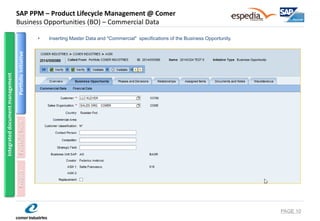 SAP PPM – Product Lifecycle Management @ Comer Business Opportunities (BO) – Commercial Data 
•Inserting Master Data and "Commercial" specifications of the Business Opportunity. 
PAGE 10 
Portfolio Initiative 
Portfolio Item 
Project 
Integrated document management  