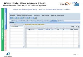SAP PPM – Product Lifecycle Management @ Comer Business Opportunities (BO) – Document management 
•Integrated Document Management, through a "Front-End" customized (display Initiative) - "Mock-Up" 
PAGE 12 
Portfolio Initiative 
Portfolio Item 
Project 
Integrated product development  