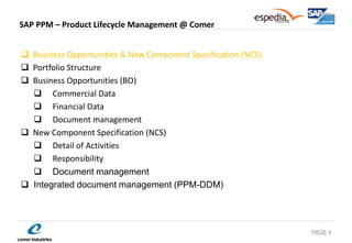 SAP PPM – Product Lifecycle Management @ Comer 
Business Opportunities & New Component Specification (NCS) 
Portfolio Structure 
Business Opportunities (BO) 
Commercial Data 
Financial Data 
Document management 
New Component Specification (NCS) 
Detail of Activities 
Responsibility 
Document management 
Integrated document management (PPM-DDM) 
PAGE 4  