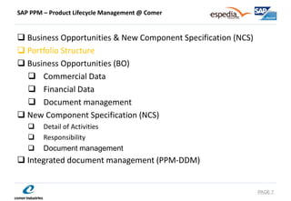 SAP PPM – Product Lifecycle Management @ Comer 
Business Opportunities & New Component Specification (NCS) 
Portfolio Structure 
Business Opportunities (BO) 
Commercial Data 
Financial Data 
Document management 
New Component Specification (NCS) 
Detail of Activities 
Responsibility 
Document management 
Integrated document management (PPM-DDM) 
PAGE 7  
