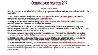 Contexto de marcos 7:19
Reina Valera 1960
Mar 7:1 Se juntaron a Jesús los fariseos, y algunos de los escribas, que habían venido de
Jerusalén;
2 los cuales, viendo a algunos de los discípulos de Jesús comer pan con manos
inmundas, esto es, no lavadas, los condenaban.
3 Porque los fariseos y todos los judíos, aferrándose a la tradición de los ancianos, si
muchas veces no se lavan las manos, no comen.
4 Y volviendo de la plaza, si no se lavan, no comen. Y otras muchas cosas hay que
tomaron para guardar, como los lavamientos de los vasos de beber, y de los jarros, y de
los utensilios de metal, y de los lechos.
5 Le preguntaron, pues, los fariseos y los escribas: ¿Por qué tus discípulos no andan
conforme a la tradición de los ancianos, sino que comen pan con manos inmundas?
6 Respondiendo él, les dijo: Hipócritas, bien profetizó de vosotros Isaías, como está
escrito: Este pueblo de labios me honra, Mas su corazón está lejos de mí.
7 Pues en vano me honran, Enseñando como doctrinas mandamientos de hombres.
8 Porque dejando el mandamiento de Dios, os aferráis a la tradición de los hombres: los
lavamientos de los jarros y de los vasos de beber; y hacéis otras muchas cosas
semejantes.
 