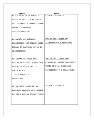  
IMAGEN AUDIO 2/3
EL CALENDARIO SE ROMPE Y
APARECEN GRÁFICOS ANIMADOS
DE IZQUIERDA A DERECHA SOBRE
FONDO CON COLORES
INSTITUCIONALES.
ANIMACIÓN DE GRÁFICOS
REDONDEADOS QUE CRECEN HASTA
LLENAR LA PANTALA: CUIDA TU
ALIMENTACIÓN.
SE ANIMAN GRÁFICOS QUE
VARÍAN DE TAMAÑO Y POSICIÓN
DENTRO DE PANTALLA: 5
VECES AL DÍA.
3 PRINCIPALES 2
COLACIONES
EN LA PARTE MEDIA DE LA
PANTALLA APARECE LA PIRÁMIDE
DE LOS 6 GRUPOS ALIMENTICIOS.
RÁFAGA 3 SEGUNDOS
VOZ EN OFF: CUIDA TU
ALIMENTACIÓN Y RECUERDA:
VOZ EN OFF: EVITA LOS
ATAQUES DE HAMBRE COMIENDO 5
VECES AL DÍA, 3 COMIDAS
PRINCIPALES Y 2 COLACIONES.
RÁFAGA 3 SEGUNDOS.
	
  
 