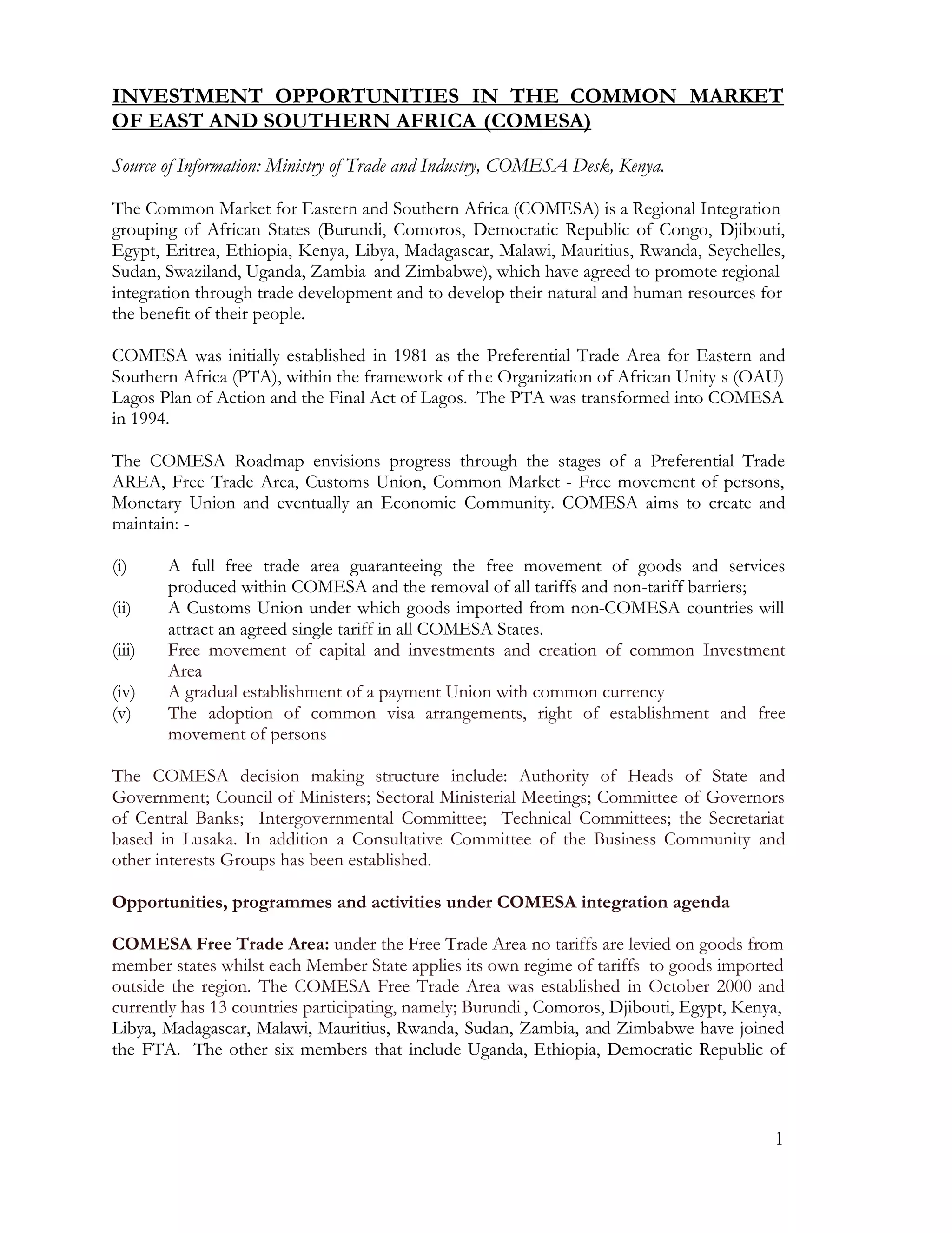 Comesa investment opportunities PDF