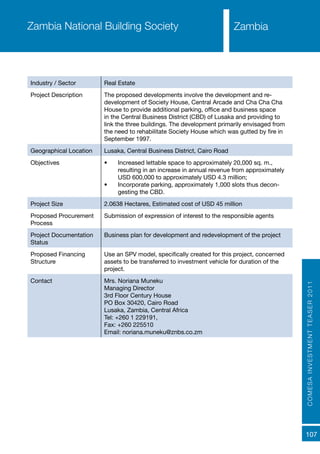 COMESAINVESTMENTTEASER2011
107
ZambiaZambia National Building Society
Industry / Sector Real Estate
Project Description The proposed developments involve the development and re-
development of Society House, Central Arcade and Cha Cha Cha
House to provide additional parking, office and business space
in the Central Business District (CBD) of Lusaka and providing to
link the three buildings. The development primarily envisaged from
the need to rehabilitate Society House which was gutted by fire in
September 1997.
Geographical Location Lusaka, Central Business District, Cairo Road
Objectives •	 Increased lettable space to approximately 20,000 sq. m.,
resulting in an increase in annual revenue from approximately
USD 600,000 to approximately USD 4.3 million;
•	 Incorporate parking, approximately 1,000 slots thus decon-
gesting the CBD.
Project Size 2.0638 Hectares, Estimated cost of USD 45 million
Proposed Procurement
Process
Submission of expression of interest to the responsible agents
Project Documentation
Status
Business plan for development and redevelopment of the project
Proposed Financing
Structure
Use an SPV model, specifically created for this project, concerned
assets to be transferred to investment vehicle for duration of the
project.
Contact Mrs. Noriana Muneku
Managing Director
3rd Floor Century House
PO Box 30420, Cairo Road
Lusaka, Zambia, Central Africa
Tel: +260 1 229191,
Fax: +260 225510
Email: noriana.muneku@znbs.co.zm
 