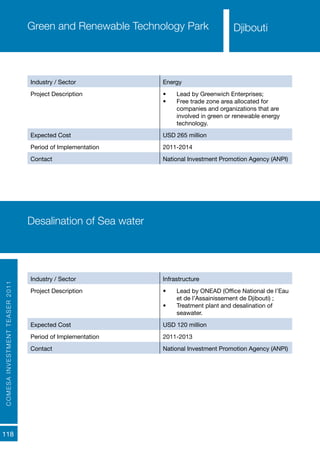COMESAINVESTMENTTEASER2011
118
Djibouti
Industry / Sector Energy
Project Description •	 Lead by Greenwich Enterprises;
•	 Free trade zone area allocated for
companies and organizations that are
involved in green or renewable energy
technology.
Expected Cost USD 265 million
Period of Implementation 2011-2014
Contact National Investment Promotion Agency (ANPI)
Green and Renewable Technology Park
Industry / Sector Infrastructure
Project Description •	 Lead by ONEAD (Office National de l’Eau
et de l’Assainissement de Djibouti) ;
•	 Treatment plant and desalination of
seawater.
Expected Cost USD 120 million
Period of Implementation 2011-2013
Contact National Investment Promotion Agency (ANPI)
Desalination of Sea water
Djibouti
 