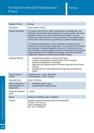 COMESAINVESTMENTTEASER2011
138
Industry / Sector Energy
Sub-Sector Hydro-Electric Power
Project Description The project will have four major components: the storage dam, the
domestic and industrial water treatment and supply system, the power
generation station to produce 60 MW and the irrigation of nearly
10,000 ha of agricultural land on the Kano plains. The implementation
of the project will however be preceded by a detailed feasibility study.
The project implementation will be undertaken in phases to avoid
overlaps and implementation bottlenecks. In this regard the first phase
will comprise the detailed feasibility study only. The study will in turn
be conducted in phases (stages), namely, the Exploratory and Planning
Stage followed by the Feasibility Study Stage and finally the Project
Preparation, Design and Tender Documentation Stage.
Expected Results •	 Increasing the supply of energy in the region;
•	 Creation of employment opportunities in the rural areas;
•	 Industrial development in the region;
•	 Adequate and reliable water for domestic, agricultural and indus-
trial use;
•	 Development of small enterprises and agricultural processing
plants.
Total Amount of
Project
Feasibility study – Kshs. 600 million
Implementation – Kshs. 40 billion
Expected Cost Kshs. 40.6 billion
Actions Required or
Implementation Ar-
rangements
•	 Feasibility study-2 years
•	 Implementation phase-5 years
Period of Implemen-
tation
7 years
Status Ongoing: Feasibility study in progress
Contact Ministry of regional Development Authorities/LBDA
PO Box 1516, Kisumu
Email: info@lbda.co.ke
Tel: +257 57 2027227
The Nandi Forest Dam Multipurpose
Project
Kenya
 