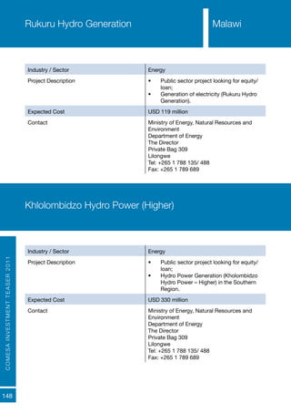 COMESAINVESTMENTTEASER2011
148
Industry / Sector Energy
Project Description •	 Public sector project looking for equity/
loan;
•	 Generation of electricity (Rukuru Hydro
Generation).
Expected Cost USD 119 million
Contact Ministry of Energy, Natural Resources and
Environment
Department of Energy
The Director
Private Bag 309
Lilongwe
Tel: +265 1 788 135/ 488
Fax: +265 1 789 689
Rukuru Hydro Generation Malawi
Industry / Sector Energy
Project Description •	 Public sector project looking for equity/
loan;
•	 Hydro Power Generation (Kholombidzo
Hydro Power – Higher) in the Southern
Region.
Expected Cost USD 330 million
Contact Ministry of Energy, Natural Resources and
Environment
Department of Energy
The Director
Private Bag 309
Lilongwe
Tel: +265 1 788 135/ 488
Fax: +265 1 789 689
Khlolombidzo Hydro Power (Higher)
 