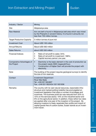 COMESAINVESTMENTTEASER2011
163
SudanIron Extraction and Mining Project
Industry / Sector Mining
Site Albijarawiya area
Raw Material Iron ore belt is found in Albijarawiya belt area which was mined
by the Pharaohs in ancient history. It is found in amounts not
less than 750 million tonnes.
Target Productive Capacity 5 million tonnes of pure iron
Investment Cost About USD 100 million
Annual Returns About USD 362 million
Sales Returns about USD 550 million
Financial Indexes •	 Ratio of net profit to sales: 34%;
•	 Ratio of net profit to investment: 188%;
•	 Capital recovery period: one year.
Comparative Advantages of
the Project
•	 Electricity is the basic element in the cost of production as
the project needs 3000 megawatt/hour;
•	 Construction of Kajbar Dam will provide the project with
electricity.
Note The building of the project requires geological surveys to identify
the size of iron reserves.
Contact Investment Department
River Nile State
Tel: +249 0211824607
Fax: +249 0211822424/ 0211831836
Remarks The country with its vast natural resources, reasonable infra-
structure and marked political stability has promulgated an
investment legislation that offers a number of privileges and
incentives. The business profit tax was reduced from 35% to
15% on the services sector, 10% on the industrial sector and
0% on the agricultural sector. In addition, these rather low rates
are applied after one-year of the inception of the project. By
allowing investors to freely repatriate their profits and import of
capital goods free of custom duties, Sudan stands as an invest-
ment haven.
 