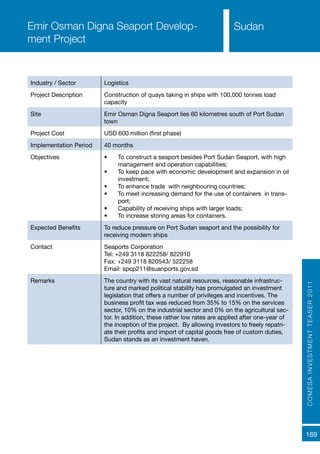 COMESAINVESTMENTTEASER2011
169
SudanEmir Osman Digna Seaport Develop-
ment Project
Industry / Sector Logistics
Project Description Construction of quays taking in ships with 100,000 tonnes load
capacity
Site Emir Osman Digna Seaport lies 60 kilometres south of Port Sudan
town
Project Cost USD 600 million (first phase)
Implementation Period 40 months
Objectives •	 To construct a seaport besides Port Sudan Seaport, with high
management and operation capabilities;
•	 To keep pace with economic development and expansion in oil
investment;
•	 To enhance trade with neighbouring countries;
•	 To meet increasing demand for the use of containers in trans-
port;
•	 Capability of receiving ships with larger loads;
•	 To increase storing areas for containers.
Expected Benefits To reduce pressure on Port Sudan seaport and the possibility for
receiving modern ships
Contact Seaports Corporation
Tel: +249 3118 822258/ 822910
Fax: +249 3118 820543/ 522258
Email: spcp211@suanports.gov.sd
Remarks The country with its vast natural resources, reasonable infrastruc-
ture and marked political stability has promulgated an investment
legislation that offers a number of privileges and incentives. The
business profit tax was reduced from 35% to 15% on the services
sector, 10% on the industrial sector and 0% on the agricultural sec-
tor. In addition, these rather low rates are applied after one-year of
the inception of the project. By allowing investors to freely repatri-
ate their profits and import of capital goods free of custom duties,
Sudan stands as an investment haven.
 