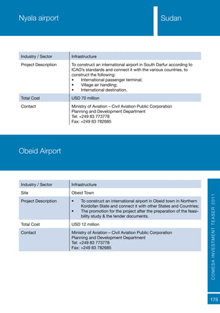COMESAINVESTMENTTEASER2011
175
SudanNyala airport
Industry / Sector Infrastructure
Project Description To construct an international airport in South Darfur according to
ICAO’s standards and connect it with the various countries, to
construct the following:
•	 International passenger terminal;
•	 Village air handling;
•	 International destination.
Total Cost USD 70 million
Contact Ministry of Aviation – Civil Aviation Public Corporation
Planning and Development Department
Tel: +249 83 773778
Fax: +249 83 782685
Obeid Airport
Industry / Sector Infrastructure
Site Obeid Town
Project Description •	 To construct an international airport in Obeid town in Northern
Kordofan State and connect it with other States and Countries;
•	 The promotion for the project after the preparation of the feasi-
bility study & the tender documents.
Total Cost USD 12 million
Contact Ministry of Aviation – Civil Aviation Public Corporation
Planning and Development Department
Tel: +249 83 773778
Fax: +249 83 782685
 
