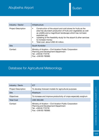 COMESAINVESTMENTTEASER2011
177
SudanAbujibeiha Airport
Industry / Sector Infrastructure
Project Description •	 Construction of the airport and cold stores for fruits as the
area has abundant production of fruits and vegetables as well
as wildlife and a magnificent landscape which has not been
exploited yet;
•	 Updating of the feasibility study for the airport & other services
to increase money;
•	 Total cost: about USD 40 million.
Site South Kordofan
Contact Ministry of Aviation – Civil Aviation Public Corporation
Planning and Development Department
Tel: +249 83 773778
Fax: +249 83 782685
Database for Agricultural Meteorology
Industry / Secto ICT
Project Description To develop forecast models for agricultural purposes
Site Khartoum
Objectives To increase and improve productivity of crops especially sorghum
Total Cost USD 300,000
Contact Ministry of Aviation – Civil Aviation Public Corporation
Planning and Development Department
Tel: +249 83 773778
Fax: +249 83 782685
 