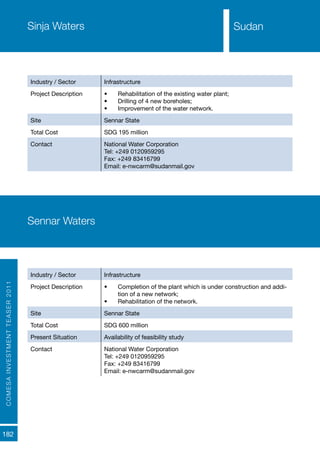COMESAINVESTMENTTEASER2011
182
SudanSinja Waters
Industry / Sector Infrastructure
Project Description •	 Rehabilitation of the existing water plant;
•	 Drilling of 4 new boreholes;
•	 Improvement of the water network.
Site Sennar State
Total Cost SDG 195 million
Contact National Water Corporation
Tel: +249 0120959295
Fax: +249 83416799
Email: e-nwcarm@sudanmail.gov
Sennar Waters
Industry / Sector Infrastructure
Project Description •	 Completion of the plant which is under construction and addi-
tion of a new network;
•	 Rehabilitation of the network.
Site Sennar State
Total Cost SDG 600 million
Present Situation Availability of feasibility study
Contact National Water Corporation
Tel: +249 0120959295
Fax: +249 83416799
Email: e-nwcarm@sudanmail.gov
Sudan
 