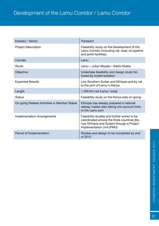 COMESAINVESTMENTTEASER2011
21
Industry / Sector Transport
Project Description Feasibility study on the Development of the
Lamu Corridor (including rail, road, oil pipeline
and ports facilities)
Corridor Lamu
Route Lamu – Juba/ Moyale – Addis Ababa
Objective Undertake feasibility and design study fol-
lowed by implementation
Expected Results	 Link Southern Sudan and Ethiopia and by rail
to the port of Lamu in Kenya
Length 1,400 Km rail (Lamu/ Juba)
Status Feasibility study on the Kenya side on-going
On-going Related Activities in Member States Ethiopia has already prepared a national
railway master plan taking into account links
to the Lamu port
Implementation Arrangements Feasibility studies and further works to be
coordinated among the three countries (Ke-
nya, Ethiopia and Sudan) through a Project
Implementation Unit (PMU)
Period of Implementation Studies and design to be completed by end
of 2012
Development of the Lamu Corridor / Lamu Corridor
 