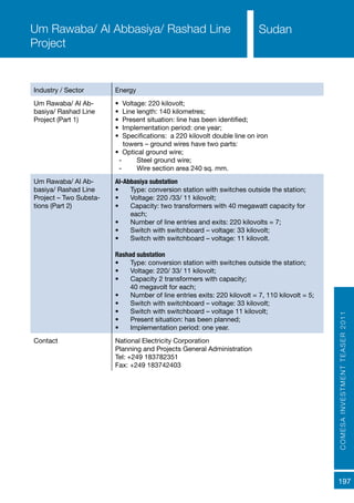 COMESAINVESTMENTTEASER2011
197
SudanUm Rawaba/ Al Abbasiya/ Rashad Line
Project
Industry / Sector Energy
Um Rawaba/ Al Ab-
basiya/ Rashad Line
Project (Part 1)
• Voltage: 220 kilovolt;
• Line length: 140 kilometres;
• Present situation: line has been identified;
• Implementation period: one year;
• Specifications: a 220 kilovolt double line on iron
towers – ground wires have two parts:
• Optical ground wire;
-- Steel ground wire;
-- Wire section area 240 sq. mm.
Um Rawaba/ Al Ab-
basiya/ Rashad Line
Project – Two Substa-
tions (Part 2)
Al-Abbasiya substation
•	 Type: conversion station with switches outside the station;
•	 Voltage: 220 /33/ 11 kilovolt;
•	 Capacity: two transformers with 40 megawatt capacity for
each;
•	 Number of line entries and exits: 220 kilovolts = 7;
•	 Switch with switchboard – voltage: 33 kilovolt;
•	 Switch with switchboard – voltage: 11 kilovolt.
Rashad substation
•	 Type: conversion station with switches outside the station;
•	 Voltage: 220/ 33/ 11 kilovolt;
•	 Capacity 2 transformers with capacity;
40 megavolt for each;
•	 Number of line entries exits: 220 kilovolt = 7, 110 kilovolt = 5;
•	 Switch with switchboard – voltage: 33 kilovolt;
•	 Switch with switchboard – voltage 11 kilovolt;
•	 Present situation: has been planned;
•	 Implementation period: one year.
Contact National Electricity Corporation
Planning and Projects General Administration
Tel: +249 183782351
Fax: +249 183742403
 