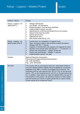COMESAINVESTMENTTEASER2011
200
SudanKalugi – Lagawa – Aldalanj Project
Industry / Sector Energy
Kalugi – Lagawa – Al-
dalanj (Part 1)
•	 Voltage: 220 kilovolt;
•	 Line length: 145 kilometres;
•	 Present situation: Line has been identified;
•	 Implementation period: one year;
•	 Specifications: a 220 kilovolt double line on iron towers;
•	 Ground wires have two parts:
•	 Optical ground wire;
•	 Steel ground wire;
•	 Wire section area 240 sq. mm.
Kalugi – Lagawa – Al-
dalanj project (Part 2)
•	 Construction of a substation at Lagawa town;
•	 Type: conversion station with switches outside the station;
•	 Voltage: 220/ 33/ 11 kilovolt;
•	 Capacity: 2 transformers with capacity 40 megavolt for each;
•	 Number of line entries exits: 220 kilovolt = 7, 110 kilovolt = 5;
•	 Switch with switchboard – voltage: 33 kilovolt;
•	 Switch with switchboard – voltage: 11 kilovolt;
•	 Implementation period: one year.
Contact National Electricity Corporation
Planning and Projects General Administration
Tel: +249 183782351
Fax: +249 183742403
Remarks The country with its vast natural resources, reasonable infrastruc-
ture and marked political stability has promulgated an investment
legislation that offers a number of privileges and incentives. The
business profit tax was reduced from 35% to 15% on the services
sector, 10% on the industrial sector and 0% on the agricultural sec-
tor. In addition, these rather low rates are applied after one-year of
the inception of the project. By allowing investors to freely repatri-
ate their profits and import of capital goods free of custom duties,
Sudan stands as an investment haven.
Sudan
 