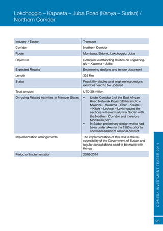 COMESAINVESTMENTTEASER2011
23
Industry / Sector Transport
Corridor Northern Corridor
Route Mombasa, Eldoret, Lokchoggio, Juba
Objective Complete outstanding studies on Logkchog-
gio – Kapoeta – Juba
Expected Results	 Engineering designs and tender document
Length 335 Km
Status Feasibility studies and engineering designs
exist but need to be updated
Total amount USD 30 million
On-going Related Activities in Member States •	 Under Corridor 3 of the East African
Road Network Project (Biharamulo –
Mwanza – Musoma – Sirari –Kisumu
– Kitale – Lodwar – Lokichoggio) the
sections will eventually link Sudan with
the Northern Corridor and therefore
Mombasa port;
•	 In Sudan preliminary design works had
been undertaken in the 1980’s prior to
commencement of national conflict.
Implementation Arrangements The implementation of this task is the re-
sponsibility of the Government of Sudan and
regular consultations need to be made with
Kenya
Period of Implementation 2010-2014
Lokchoggio – Kapoeta – Juba Road (Kenya – Sudan) /
Northern Corridor
 