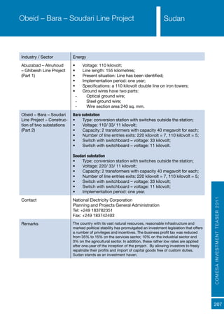 COMESAINVESTMENTTEASER2011
207
SudanObeid – Bara – Soudari Line Project
Industry / Sector Energy
Abuzabad – Alnuhoud
– Ghibeish Line Project
(Part 1)
•	 Voltage: 110 kilovolt;
•	 Line length: 155 kilometres;
•	 Present situation: Line has been identified;
•	 Implementation period: one year;
•	 Specifications: a 110 kilovolt double line on iron towers;
•	 Ground wires have two parts:
-- Optical ground wire;
-- Steel ground wire;
-- Wire section area 240 sq. mm.
Obeid – Bara – Soudari
Line Project – Construc-
tion of two substations
(Part 2)
Bara substation
•	 Type: conversion station with switches outside the station;
•	 Voltage: 110/ 33/ 11 kilovolt;
•	 Capacity: 2 transformers with capacity 40 megavolt for each;
•	 Number of line entries exits: 220 kilovolt = 7, 110 kilovolt = 5;
•	 Switch with switchboard – voltage: 33 kilovolt;
•	 Switch with switchboard – voltage: 11 kilovolt.
Soudari substation
•	 Type: conversion station with switches outside the station;
•	 Voltage: 220/ 33/ 11 kilovolt;
•	 Capacity: 2 transformers with capacity 40 megavolt for each;
•	 Number of line entries exits: 220 kilovolt = 7, 110 kilovolt = 5;
•	 Switch with switchboard – voltage: 33 kilovolt;
•	 Switch with switchboard – voltage: 11 kilovolt;
•	 Implementation period: one year.
Contact National Electricity Corporation
Planning and Projects General Administration
Tel: +249 183782351
Fax: +249 183742403
Remarks The country with its vast natural resources, reasonable infrastructure and
marked political stability has promulgated an investment legislation that offers
a number of privileges and incentives. The business profit tax was reduced
from 35% to 15% on the services sector, 10% on the industrial sector and
0% on the agricultural sector. In addition, these rather low rates are applied
after one-year of the inception of the project. By allowing investors to freely
repatriate their profits and import of capital goods free of custom duties,
Sudan stands as an investment haven.
 