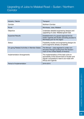 COMESAINVESTMENTTEASER2011
25
Industry / Sector Transport
Corridor Northern Corridor
Route Mombasa, Juba, Malakal
Objective Undertake detailed engineering designs and
upgrading of Juba- Malakal gravel road
Expected Results	 Establishment of a paved regional link be-
tween Uganda and Sudan providing access to
Mombasa port for the region
Status Feasibility studies and engineering designs for
some segments already completed
On-going Related Activities in Member States The Nimule – Juba segment is under con-
struction through funding from the Govern-
ment of the United States of America
Implementation Arrangements The implementation of this task is the re-
sponsibility of the Government of Sudan and
regular consultations need to be made with
Kenya and Uganda
Period of Implementation 2010-2015
Upgrading of Juba to Malakal Road – Sudan / Northern
Corridor
 