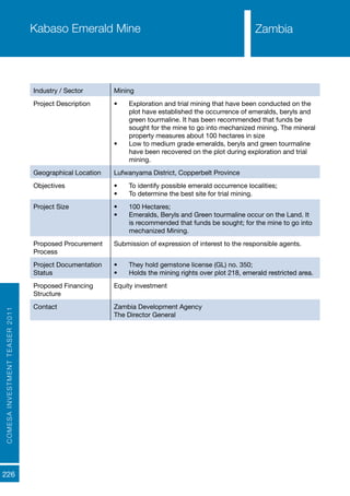COMESAINVESTMENTTEASER2011
226
ZambiaKabaso Emerald Mine
Industry / Sector Mining
Project Description •	 Exploration and trial mining that have been conducted on the
plot have established the occurrence of emeralds, beryls and
green tourmaline. It has been recommended that funds be
sought for the mine to go into mechanized mining. The mineral
property measures about 100 hectares in size
•	 Low to medium grade emeralds, beryls and green tourmaline
have been recovered on the plot during exploration and trial
mining.
Geographical Location Lufwanyama District, Copperbelt Province
Objectives •	 To identify possible emerald occurrence localities;
•	 To determine the best site for trial mining.
Project Size •	 100 Hectares;
•	 Emeralds, Beryls and Green tourmaline occur on the Land. It
is recommended that funds be sought; for the mine to go into
mechanized Mining.
Proposed Procurement
Process
Submission of expression of interest to the responsible agents.
Project Documentation
Status
•	 They hold gemstone license (GL) no. 350;
•	 Holds the mining rights over plot 218, emerald restricted area.
Proposed Financing
Structure
Equity investment
Contact Zambia Development Agency
The Director General
Zambia
 