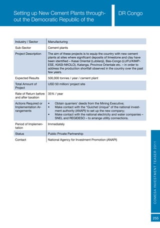 COMESAINVESTMENTTEASER2011
255
DR Congo
Industry / Sector Manufacturing
Sub-Sector Cement plants
Project Description The aim of these projects is to equip the country with new cement
plants at sites where significant deposits of limestone and clay have
been identified – Kasai Oriental (Lubilanji), Bas-Congo (LUFU/KIMP-
ESE, KIASI-NKOLO), Katanga, Province Orientale etc. – in order to
address the production shortfall observed in the country over the past
few years.
Expected Results 500,000 tonnes / year / cement plant
Total Amount of
Project
USD 50 million/ project site
Rate of Return before
and after taxation
35% / year
Actions Required or
Implementation Ar-
rangements
•	 Obtain quarriers’ deeds from the Mining Executive;
•	 Make contact with the “Guichet Unique” of the national invest-
ment authority (ANAPI) to set up the new company;
•	 Make contact with the national electricity and water companies –
SNEL and REGIDESO – to arrange utility connections.
Period of Implemen-
tation
Immediately
Status Public Private Partnership
Contact National Agency for Investment Promotion (ANAPI)
Setting up New Cement Plants through-
out the Democratic Republic of the
 