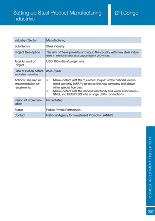 COMESAINVESTMENTTEASER2011
257
DR Congo
Industry / Sector Manufacturing
Sub-Sector Steel industry
Project Description The aim of these projects is to equip the country with new steel indus-
tries in the Kinshasa and Lubumbashi provinces.
Total Amount of
Project
USD 150 million/ project site
Rate of Return before
and after taxation
35% / year
Actions Required or
Implementation Ar-
rangements
•	 Make contact with the “Guichet Unique” of the national invest-
ment authority (ANAPI) to set up the new company and obtain
other special licences;
•	 Make contact with the national electricity and water companies –
SNEL and REGIDESO – to arrange utility connections.
Period of Implemen-
tation
Immediately
Status Public Private Partnership
Contact National Agency for Investment Promotion (ANAPI)
Setting-up Steel Product Manufacturing
Industries
 