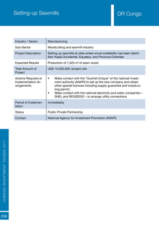 COMESAINVESTMENTTEASER2011
258
DR CongoSetting-up Sawmills
Industry / Sector Manufacturing
Sub-Sector Woodcutting and sawmill industry
Project Description Setting up sawmills at sites where wood availability has been identi-
fied: Kasaï Occidental, Equateur, and Province-Orientale
Expected Results Production of 7,320 m3
of sawn wood
Total Amount of
Project
USD 10,000,000 /project site
Actions Required or
Implementation Ar-
rangements
•	 Make contact with the “Guichet Unique” of the national invest-
ment authority (ANAPI) to set up the new company and obtain
other special licences including supply guarantee and woodcut-
ting permit;
•	 Make contact with the national electricity and water companies –
SNEL and REGIDESO – to arrange utility connections
Period of Implemen-
tation
Immediately
Status Public Private Partnership
Contact National Agency for Investment Promotion (ANAPI)
DR Congo
 