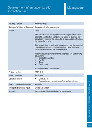 COMESAINVESTMENTTEASER2011
265
MadagascarDevelopment of an essential oils’
extraction unit
Industry / Sector Manufacturing
Company’s Nature of Business Extraction d’huiles essentielles
Market Local
The project owner has a professional background as a man-
ager of a construction company. He wants to diversify his
activities by entering the subsector of essential oil extraction.
He owns 4ha of land
The project aims at setting up an extraction unit for essential
oil of geranium, camphor (ravintsara) and olive, with a pro-
duction capac-ity of 1,594 liters per year.
In particular, the owner seeks the purchase/ set-up following
equipment:
•	 Distillation alembic;
•	 Purifier;
•	 Tester;
•	 Bottling unit.
Total investment: USD 112,500
Project Number MGA-010
Project Intention Expansion
Company’s Input •	 USD 28,125
•	 Access to raw material, land, financial contribution
Type of Cooperation Sought Financial
Anticipated Partners’ Input USD 84,375 (loan)
Contact Economic Development Board of Madagascar
 