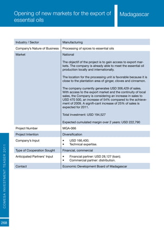 COMESAINVESTMENTTEASER2011
268
MadagascarOpening of new markets for the export of
essential oils
Industry / Sector Manufacturing
Company’s Nature of Business Processing of spices to essential oils
Market National
The objectif of the project is to gain access to export mar-
kets. The company is already able to meet the essential oil
production locally and internationally.
The location for the processing unit is favorable because it is
close to the plantation area of ginger, cloves and cinnamon.
The company currently generates USD 306,429 of sales.
With access to the export market and the continuity of local
sales, the Company is considering an increase in sales to
USD 470 500, an increase of 54% compared to the achieve-
ment of 2009. A signifi-cant increase of 25% of sales is
expected for 2011.
Total investment: USD 194,527
Expected cumulated margin over 2 years: USD 222,790
Project Number MGA-066
Project Intention Diversification
Company’s Input •	 USD 166,400;
•	 Technical expertise.
Type of Cooperation Sought Financial, commercial
Anticipated Partners’ Input •	 Financial partner: USD 28,127 (loan);
•	 Commercial partner: distribution.
Contact Economic Development Board of Madagascar
Madagascar
 