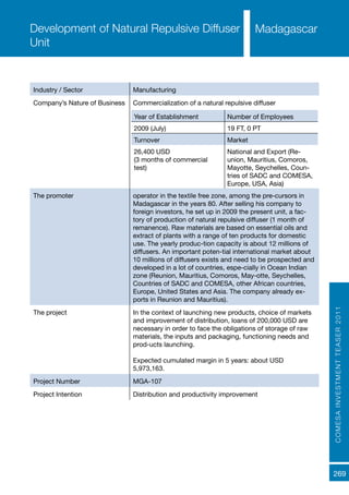 COMESAINVESTMENTTEASER2011
269
MadagascarDevelopment of Natural Repulsive Diffuser
Unit
Industry / Sector Manufacturing
Company’s Nature of Business Commercialization of a natural repulsive diffuser
The promoter operator in the textile free zone, among the pre-cursors in
Madagascar in the years 80. After selling his company to
foreign investors, he set up in 2009 the present unit, a fac-
tory of production of natural repulsive diffuser (1 month of
remanence). Raw materials are based on essential oils and
extract of plants with a range of ten products for domestic
use. The yearly produc-tion capacity is about 12 millions of
diffusers. An important poten-tial international market about
10 millions of diffusers exists and need to be prospected and
developed in a lot of countries, espe-cially in Ocean Indian
zone (Reunion, Mauritius, Comoros, May-otte, Seychelles,
Countries of SADC and COMESA, other African countries,
Europe, United States and Asia. The company already ex-
ports in Reunion and Mauritius).
The project In the context of launching new products, choice of markets
and improvement of distribution, loans of 200,000 USD are
necessary in order to face the obligations of storage of raw
materials, the inputs and packaging, functioning needs and
prod-ucts launching.
Expected cumulated margin in 5 years: about USD
5,973,163.
Project Number MGA-107
Project Intention Distribution and productivity improvement
Year of Establishment Number of Employees
2009 (July) 19 FT, 0 PT
Turnover Market
26,400 USD	
(3 months of commercial
test)	
National and Export (Re-
union, Mauritius, Comoros,
Mayotte, Seychelles, Coun-
tries of SADC and COMESA,
Europe, USA, Asia)
 