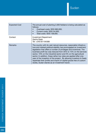 COMESAINVESTMENTTEASER2011
284
Sudan
Expected Cost The annual cost of planting 2,000 feddans is being calculated as
follows:
•	 Overhead costs: SDG 960,000;
•	 Current costs: SDG 34,000;
•	 Total costs: SDG 138,000.
Contact Investment Department
Gezira State
Tel: +249 051184388
Remarks The country with its vast natural resources, reasonable infrastruc-
ture and marked political stability has promulgated an investment
legislation that offers a number of privileges and incentives. The
business profit tax was reduced from 35% to 15% on the services
sector, 10% on the industrial sector and 0% on the agricultural
sector. In addition, these rather low rates are applied after one-
year of the inception of the project. By allowing investors to freely
repatriate their profits and import of capital goods free of custom
duties, Sudan stands as an investment haven.
Sudan
 