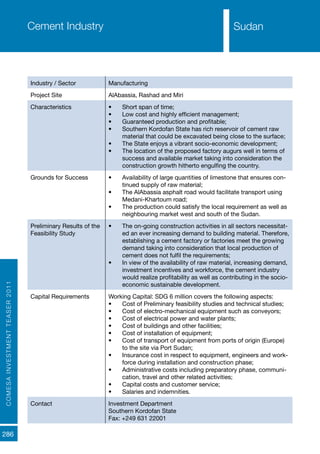 COMESAINVESTMENTTEASER2011
286
SudanCement Industry
Industry / Sector Manufacturing
Project Site AlAbassia, Rashad and Miri
Characteristics •	 Short span of time;
•	 Low cost and highly efficient management;
•	 Guaranteed production and profitable;
•	 Southern Kordofan State has rich reservoir of cement raw
material that could be excavated being close to the surface;
•	 The State enjoys a vibrant socio-economic development;
•	 The location of the proposed factory augurs well in terms of
success and available market taking into consideration the
construction growth hitherto engulfing the country.
Grounds for Success •	 Availability of large quantities of limestone that ensures con-
tinued supply of raw material;
•	 The AlAbassia asphalt road would facilitate transport using
Medani-Khartoum road;
•	 The production could satisfy the local requirement as well as
neighbouring market west and south of the Sudan.
Preliminary Results of the
Feasibility Study
•	 The on-going construction activities in all sectors necessitat-
ed an ever increasing demand to building material. Therefore,
establishing a cement factory or factories meet the growing
demand taking into consideration that local production of
cement does not fulfil the requirements;
•	 In view of the availability of raw material, increasing demand,
investment incentives and workforce, the cement industry
would realize profitability as well as contributing in the socio-
economic sustainable development.
Capital Requirements Working Capital: SDG 6 million covers the following aspects:
•	 Cost of Preliminary feasibility studies and technical studies;
•	 Cost of electro-mechanical equipment such as conveyors;
•	 Cost of electrical power and water plants;
•	 Cost of buildings and other facilities;
•	 Cost of installation of equipment;
•	 Cost of transport of equipment from ports of origin (Europe)
to the site via Port Sudan;
•	 Insurance cost in respect to equipment, engineers and work-
force during installation and construction phase;
•	 Administrative costs including preparatory phase, communi-
cation, travel and other related activities;
•	 Capital costs and customer service;
•	 Salaries and indemnities.
Contact Investment Department
Southern Kordofan State
Fax: +249 631 22001
Sudan
 