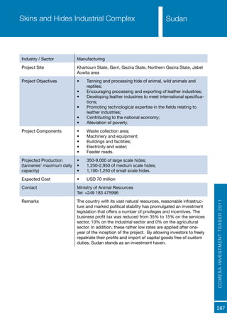 COMESAINVESTMENTTEASER2011
287
SudanSkins and Hides Industrial Complex
Industry / Sector Manufacturing
Project Site Khartoum State, Gerri, Gezira State, Northern Gezira State, Jebel
Auwlia area
Project Objectives •	 Tanning and processing hide of animal, wild animals and
reptiles;
•	 Encouraging processing and exporting of leather industries;
•	 Developing leather industries to meet international specifica-
tions;
•	 Promoting technological expertise in the fields relating to
leather industries;
•	 Contributing to the national economy;
•	 Alleviation of poverty.
Project Components •	 Waste collection area;
•	 Machinery and equipment;
•	 Buildings and facilities;
•	 Electricity and water;
•	 Feeder roads.
Projected Production
(tanneries’ maximum daily
capacity)
•	 350-9,000 of large scale hides;
•	 1,250-2,950 of medium scale hides;
•	 1,100-1,250 of small scale hides.
Expected Cost •	 USD 70 million
Contact Ministry of Animal Resources
Tel: +249 183 475996
Remarks The country with its vast natural resources, reasonable infrastruc-
ture and marked political stability has promulgated an investment
legislation that offers a number of privileges and incentives. The
business profit tax was reduced from 35% to 15% on the services
sector, 10% on the industrial sector and 0% on the agricultural
sector. In addition, these rather low rates are applied after one-
year of the inception of the project. By allowing investors to freely
repatriate their profits and import of capital goods free of custom
duties, Sudan stands as an investment haven.
 