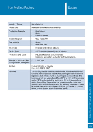 COMESAINVESTMENTTEASER2011
289
SudanIron Melting Factory
Industry / Sector Manufacturing
Project Site Preferably closer to sources of scrap
Production Capacity •	 Steel pipes;
•	 Rolls;
•	 Pressure valves.
Invested Capital •	 USD 4,200,000
Raw Material •	 Scrap;
•	 Raw steel bars.
Workforce •	 38 direct and indirect labours
Facility Area •	 5,500 square meters divided as follows:
Production End-users •	 Industrial factories and workshops;
•	 Electricity generation and water distribution plants.
Average of Imported Nets
during the last three years
•	 2,387 Tons
Contact Federal Ministry of Industry
Fax: +249 183 78 2957
Remarks The country with its vast natural resources, reasonable infrastruc-
ture and marked political stability has promulgated an investment
legislation that offers a number of privileges and incentives. The
business profit tax was reduced from 35% to 15% on the services
sector, 10% on the industrial sector and 0% on the agricultural
sector. In addition, these rather low rates are applied after one-
year of the inception of the project. By allowing investors to freely
repatriate their profits and import of capital goods free of custom
duties, Sudan stands as an investment haven.
 