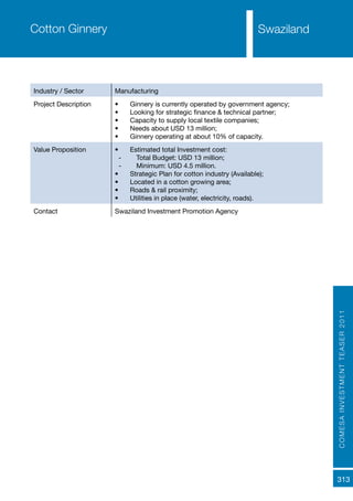 COMESAINVESTMENTTEASER2011
313
Cotton Ginnery
Industry / Sector Manufacturing
Project Description •	 Ginnery is currently operated by government agency;
•	 Looking for strategic finance & technical partner;
•	 Capacity to supply local textile companies;
•	 Needs about USD 13 million;
•	 Ginnery operating at about 10% of capacity.
Value Proposition •	 Estimated total Investment cost:
-- Total Budget: USD 13 million;
-- Minimum: USD 4.5 million.
•	 Strategic Plan for cotton industry (Available);
•	 Located in a cotton growing area;
•	 Roads & rail proximity;
•	 Utilities in place (water, electricity, roads).
Contact Swaziland Investment Promotion Agency
Swaziland
 