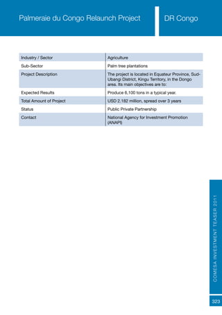 COMESAINVESTMENTTEASER2011
323
DR Congo
Industry / Sector Agriculture
Sub-Sector Palm tree plantations
Project Description The project is located in Equateur Province, Sud-
Ubangi District, Kingu Territory, in the Dongo
area. Its main objectives are to:
Expected Results Produce 6,100 tons in a typical year.
Total Amount of Project USD 2.182 million, spread over 3 years
Status Public Private Partnership
Contact National Agency for Investment Promotion
(ANAPI)
Palmeraie du Congo Relaunch Project
 