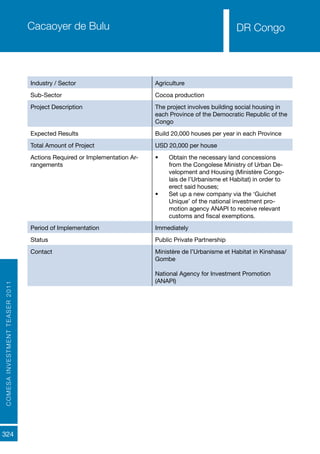 COMESAINVESTMENTTEASER2011
324
DR Congo
Industry / Sector Agriculture
Sub-Sector Cocoa production
Project Description The project involves building social housing in
each Province of the Democratic Republic of the
Congo
Expected Results Build 20,000 houses per year in each Province
Total Amount of Project USD 20,000 per house
Actions Required or Implementation Ar-
rangements	
•	 Obtain the necessary land concessions
from the Congolese Ministry of Urban De-
velopment and Housing (Ministère Congo-
lais de l’Urbanisme et Habitat) in order to
erect said houses;
•	 Set up a new company via the ‘Guichet
Unique’ of the national investment pro-
motion agency ANAPI to receive relevant
customs and fiscal exemptions.
Period of Implementation Immediately
Status Public Private Partnership
Contact Ministère de l’Urbanisme et Habitat in Kinshasa/
Gombe
National Agency for Investment Promotion
(ANAPI)
Cacaoyer de Bulu DR Congo
 