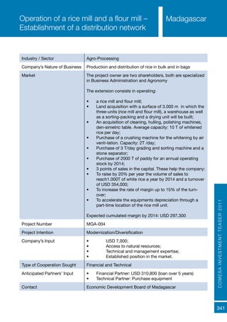 COMESAINVESTMENTTEASER2011
341
MadagascarOperation of a rice mill and a flour mill –
Establishment of a distribution network
Industry / Sector Agro-Processing
Company’s Nature of Business Production and distribution of rice in bulk and in bags
Market The project owner are two shareholders, both are specialized
in Business Administration and Agronomy
The extension consists in operating:
•	 a rice mill and flour mill;
•	 Land acquisition with a surface of 3.000 m² in which the
three-units (rice mill and flour mill), a warehouse as well
as a sorting-packing and a drying unit will be built;
•	 An acquisition of cleaning, hulling, polishing machines,
den-simetric table. Average capacity: 10 T of whitened
rice per day;
•	 Purchase of a crushing machine for the whitening by air
venti-lation. Capacity: 2T /day;
•	 Purchase of 3 T/day grading and sorting machine and a
stone separator;
•	 Purchase of 2000 T of paddy for an annual operating
stock by 2014;
•	 3 points of sales in the capital. These help the company:
•	 To raise by 20% per year the volume of sales to
reach1.000T of white rice a year by 2014 and a turnover
of USD 354,000;
•	 To increase the rate of margin up to 15% of the turn-
over;
•	 To accelerate the equipments depreciation through a
part-time location of the rice mill unit.
Expected cumulated margin by 2014: USD 297,300
Project Number MGA-004
Project Intention Modernization/Diversification
Company’s Input •	 USD 7,000;
•	 Access to natural resources;
•	 Technical and management expertise;
•	 Established position in the market.
Type of Cooperation Sought Financial and Technical
Anticipated Partners’ Input •	 Financial Partner: USD 310,800 (loan over 5 years)
•	 Technical Partner: Purchase equipment
Contact Economic Development Board of Madagascar
 