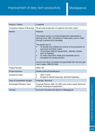 COMESAINVESTMENTTEASER2011
347
MadagascarImprovement of dairy farm productivity
Industry / Sector Livestock
Company’s Nature of Business Small scale production of yoghourt and fresh cream
Market National
The project owner is a small entrepreneur specialized in
farming since 1997. He started to breed dairy cows in 2005
through a government campaign
The project aim is:
•	 To double even dribble the volume of the production of
yog-hourt and fresh cream;
•	 To purchase different equipments : sterilizer, packer,
tank re-frigerator;
•	 To meet customer’s needs and standards and to
strengthen its market position.
Income net value cumulated and generated from the 3rd year
over 3 years: USD 201,648.
Project Number MGA-104
Project Intention Modernization/Diversification
Company’s Input •	 USD 71,642;
•	 Access to natural resources, technical expertise.
Type of Cooperation Sought Financial, Technical
Anticipated Partners’ Input Financial Partner: USD 151,620 Loan and/or equity Technical
Partner: Purchase of equipment
Contact Economic Development Board of Madagascar
 