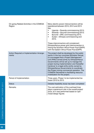 COMESAINVESTMENTTEASER2011
38
On-going Related Activities in the COMESA
Region
Many electric power interconnectors will be
operational between 2010, 2012 and 2013
like:
•	 Uganda – Rwanda commissioning 2013;
•	 Rwanda – Burundi commissioning 2013;
•	 Burundi – DRC commissioning 2013;
•	 Sudan – Ethiopia commissioning end
2010.
These interconnectors will complement
Ethiopia/Kenya power grid interconnection in
linking the Southern Africa Power Pool (SAPP)
with the Eastern Africa Power Pool (EAPP).
Action Required or Implementation Arrange-
ments
The project shall be developed by the public
sector in the two countries (Ethiopia/ Kenya).
It is envisaged that a Project Management
Unit (PMU) owned jointly by Ethiopia/Kenya
Governments will be set up to manage the
project during implementation and thereafter
handover to a legal entity jointly owned by
Ethiopia/Kenya Governments to coordinate
the Project during commercial operation. The
COMESA Secretariat is facilitating resource
mobilization for the project.
Period of Implementation Three years. Phase I to be implemented be-
tween 2010 to 2013.
Status Detailed feasibility study has been completed
Remarks The cost estimation of the overhead lines
plays a paramount role in the overall project
price, so it was performed based on opti-
mized design figures
 