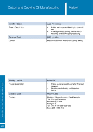 COMESAINVESTMENTTEASER2011
366
Industry / Sector Agro-Processing
Project Description •	 Public sector project looking for promot-
ers;
•	 Cotton growing, ginning, textile manu-
facturing and cooking oil processing.
Expected Cost USD 10 million
Contact Malawi Investment Promotion Agency (MIPA)
Cotton and Cooking Oil Manufacturing Malawi
Industry / Sector Livestock
Project Description •	 Public sector project looking for financial
support;
•	 Development of dairy multiplication
farms.
Expected Cost USD 948,385
Contact Ministry of Agriculture and Food Security
The Principal Secretary
Private Bag 30134
Lilongwe 3
Tel: +265 1 789 033/ 903/ 252
Fax: +265 1 789 218
Development of Dairy Multiplication Farms – Malawi
 
